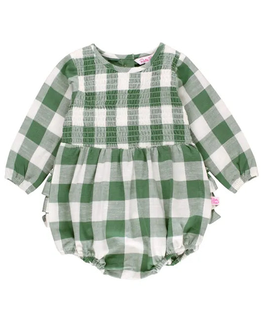 Dark Ivy Plaid Long Sleeve Smocked Bubble Romper