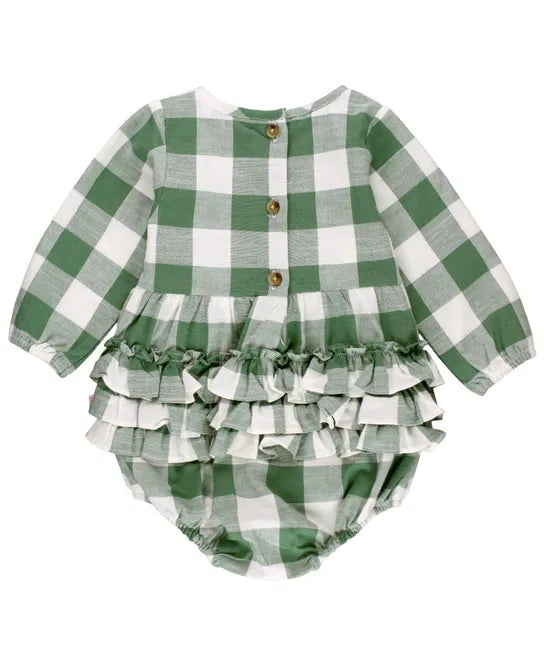 Dark Ivy Plaid Long Sleeve Smocked Bubble Romper