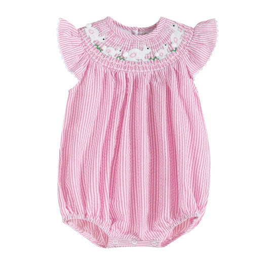 Pink Seersucker Running Bunnies Smocked Flutter Romper