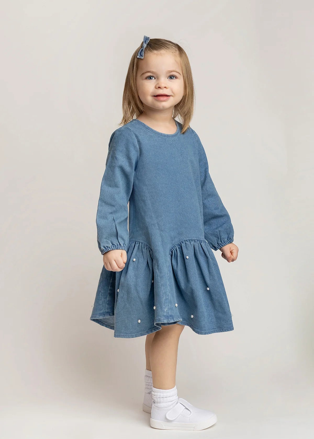 Denim Doll Long Sleeve Solid Pearl Embellished Dropwaist Dress