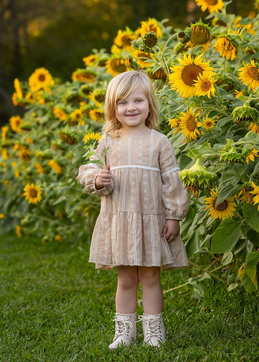 Patricia Long Sleeve Floral Embroidered Lace Trim Tiered Dress