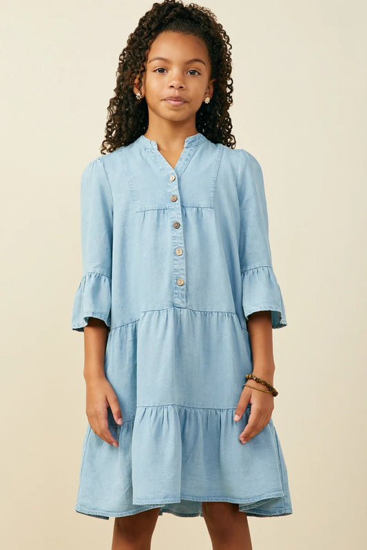 Hayden Girls Washed Button Detail Ruffle Sleeve Tencel Dress- Light Denim