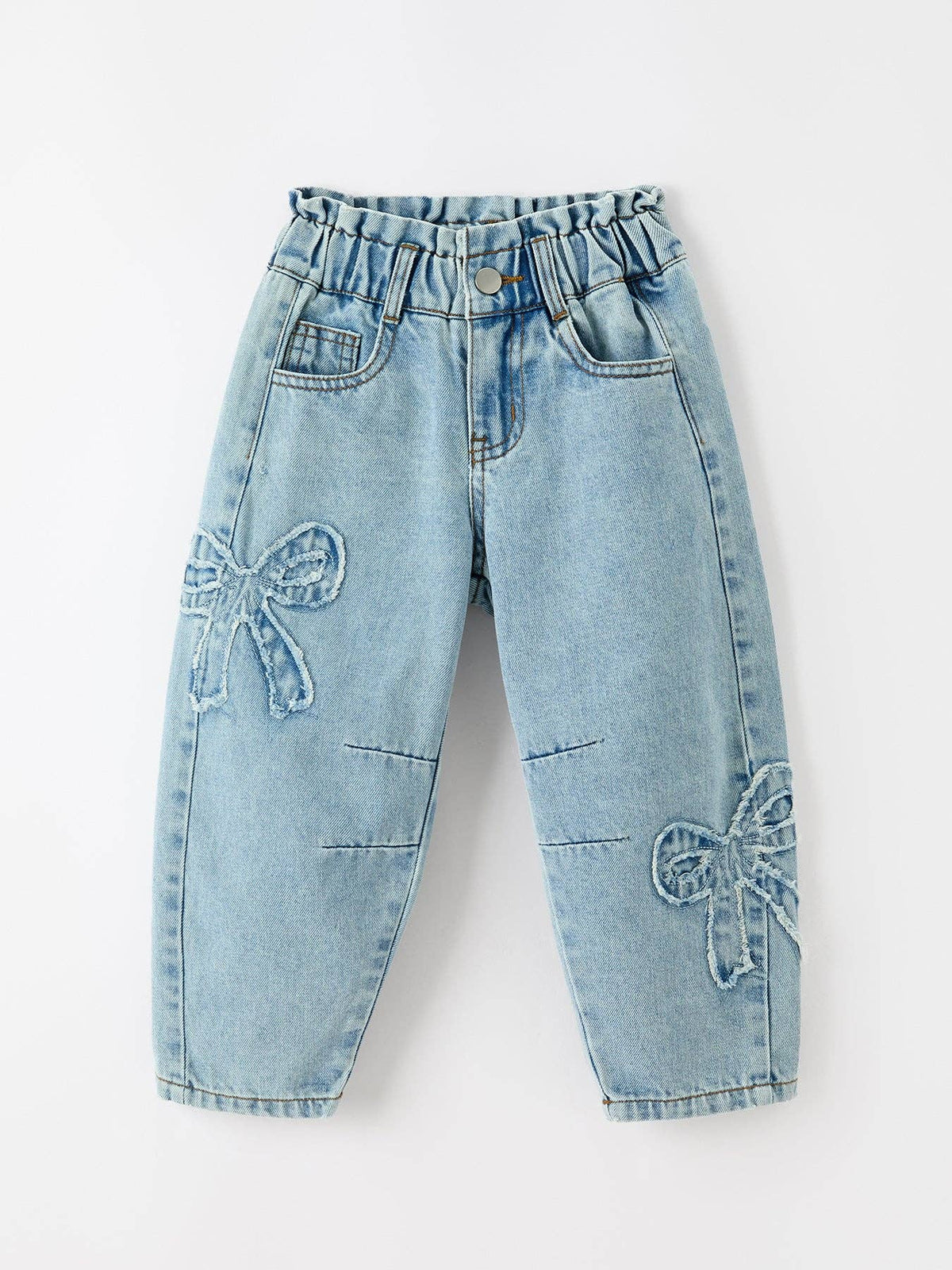 Girls Light Wash Bow Applique Relaxed Denim Jeans