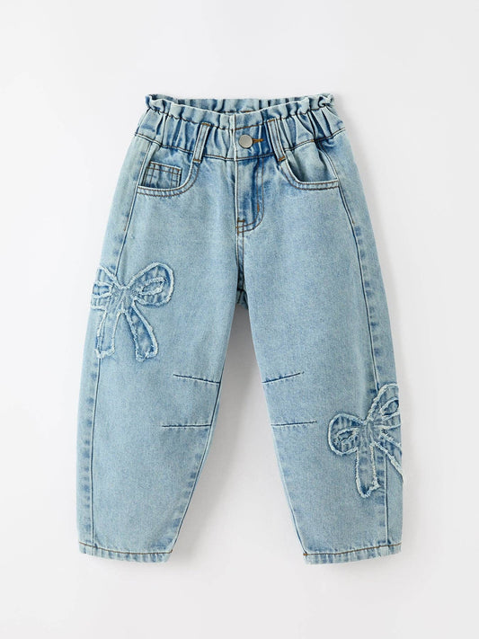 Girls Light Wash Bow Applique Relaxed Denim Jeans