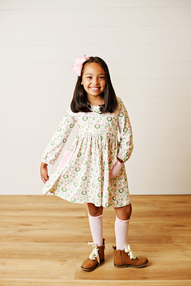 Holiday Wreath Eyelet Trim Pocket Dress