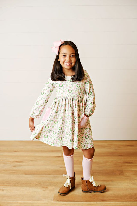 Holiday Wreath Eyelet Trim Pocket Dress