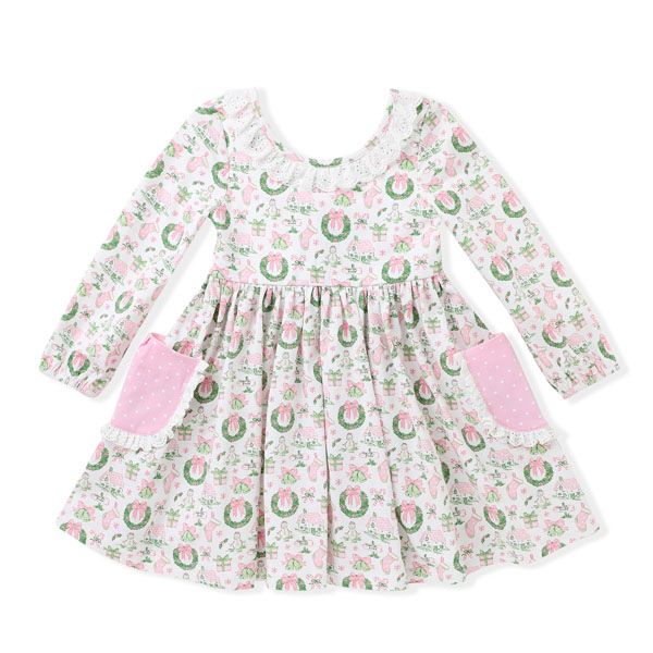 Holiday Wreath Eyelet Trim Pocket Dress