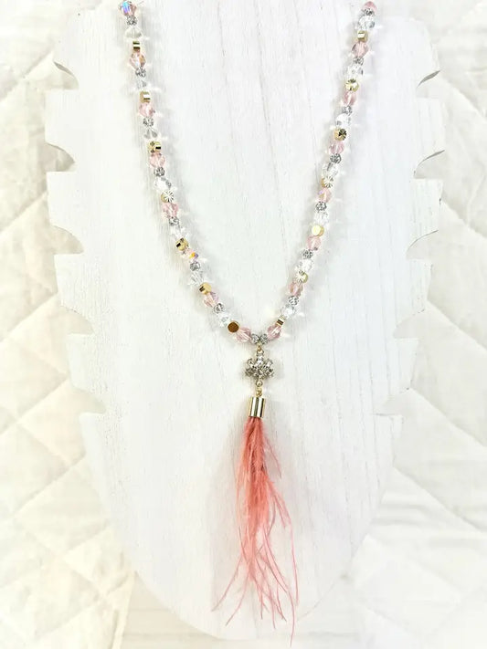 Rose Gold Beaded Necklace with Feather Charm