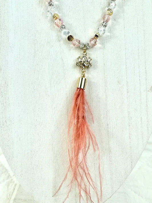 Rose Gold Beaded Necklace with Feather Charm