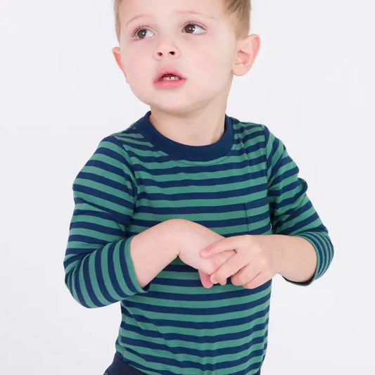 Fir Green & Navy Stripe Crew Neck Pocket Bodysuit