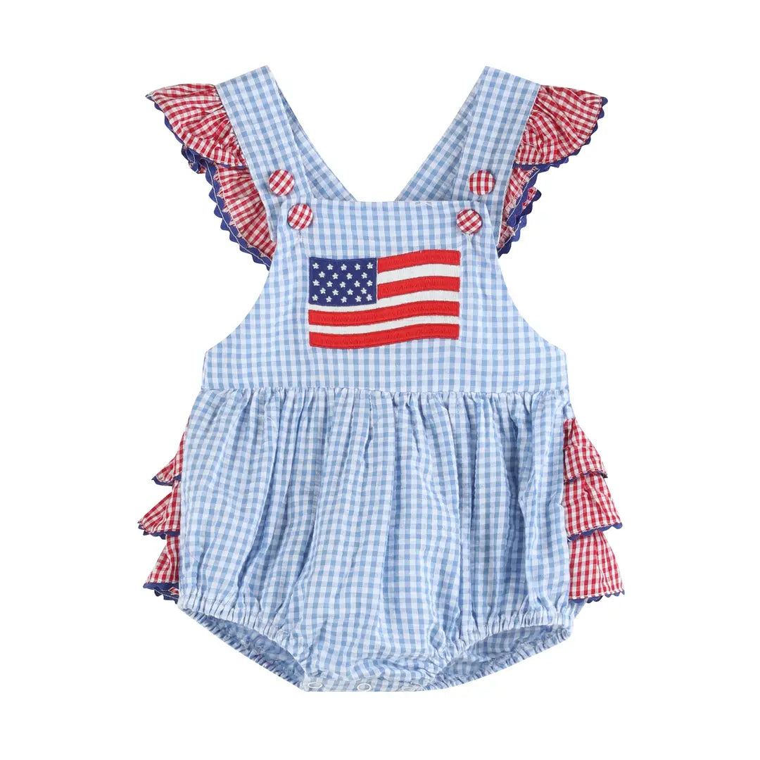 Light Blue and Red Gingham USA Flag Ruffle Romper