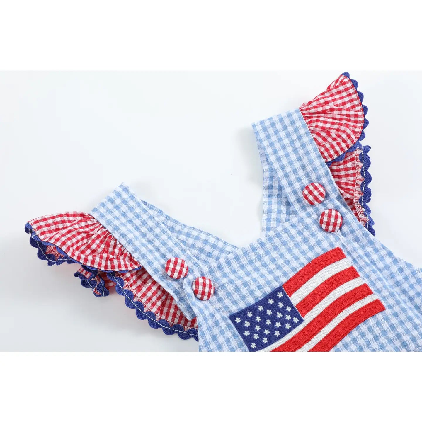 Light Blue and Red Gingham USA Flag Ruffle Romper