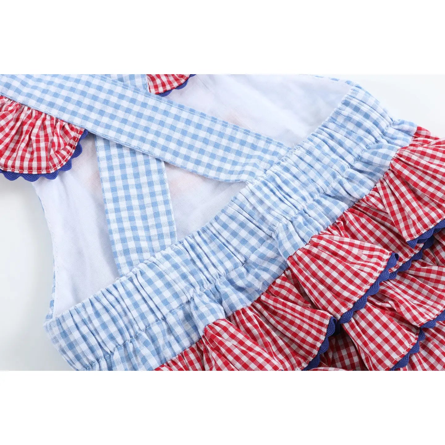 Light Blue and Red Gingham USA Flag Ruffle Romper