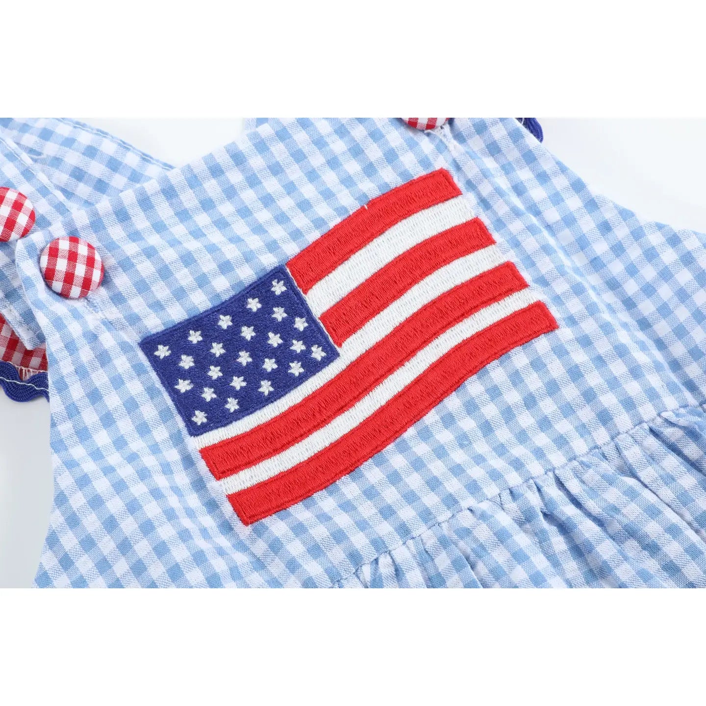 Light Blue and Red Gingham USA Flag Ruffle Romper