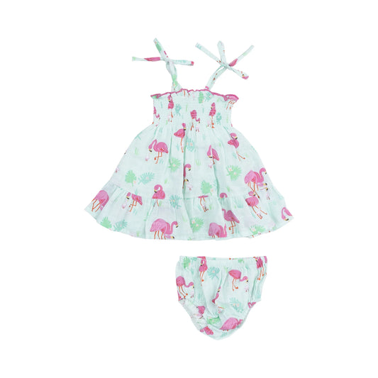Tie Strap Smocked Sun Dresss and Diaper Cover - Flamingos
