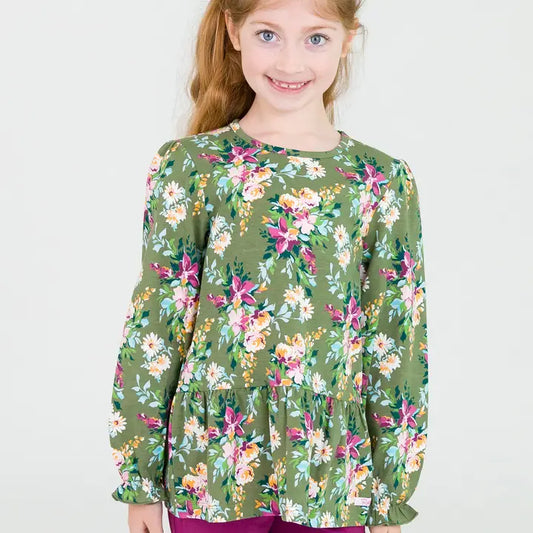 Girls Enchanted Garden Knit Puff Long Sleeve Peplum Top