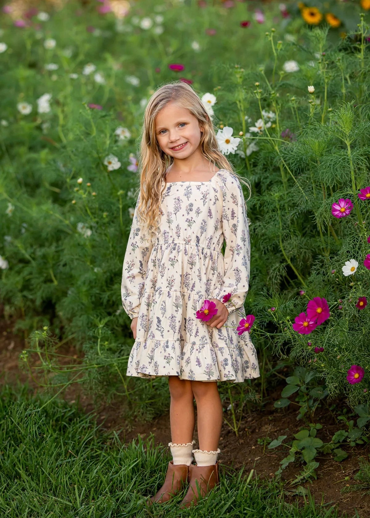 Gracie Long Sleeve Floral Square Neck Tiered Dress
