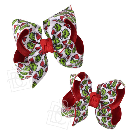 Layered Grinch Print Bow On Alligator Clip