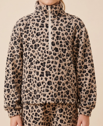 Textured Leopard Print Mock Neck Zip Top