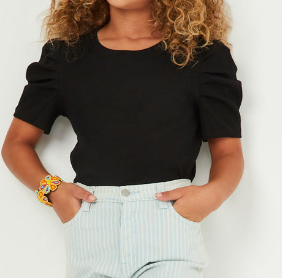 Ribbed Pleated Shoulder Puff Sleeve Top