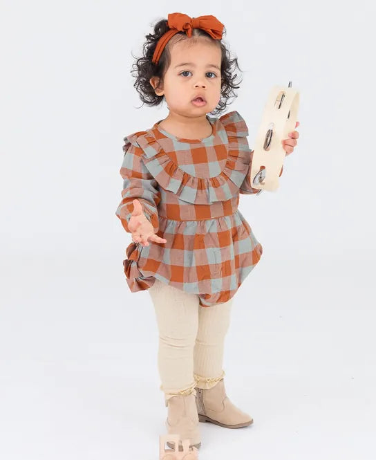 Hadlee Plaid Long Sleeve Ruffle Trim Bubble Romper