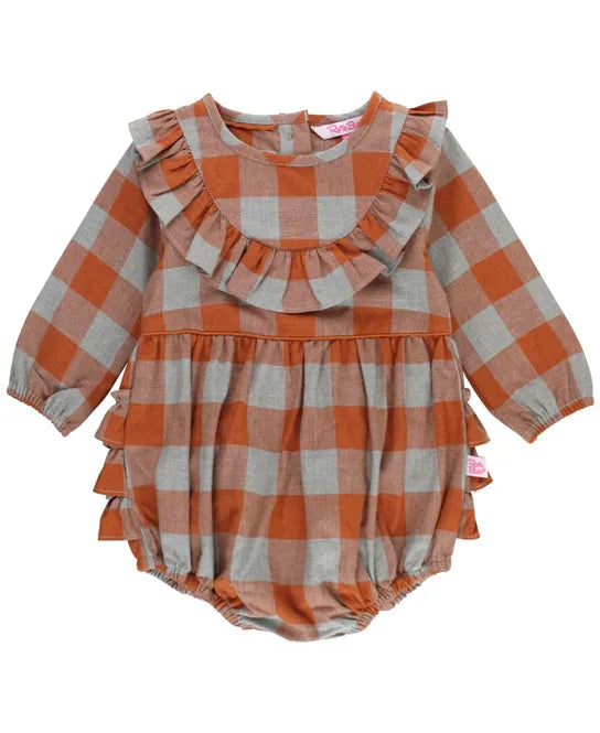 Hadlee Plaid Long Sleeve Ruffle Trim Bubble Romper