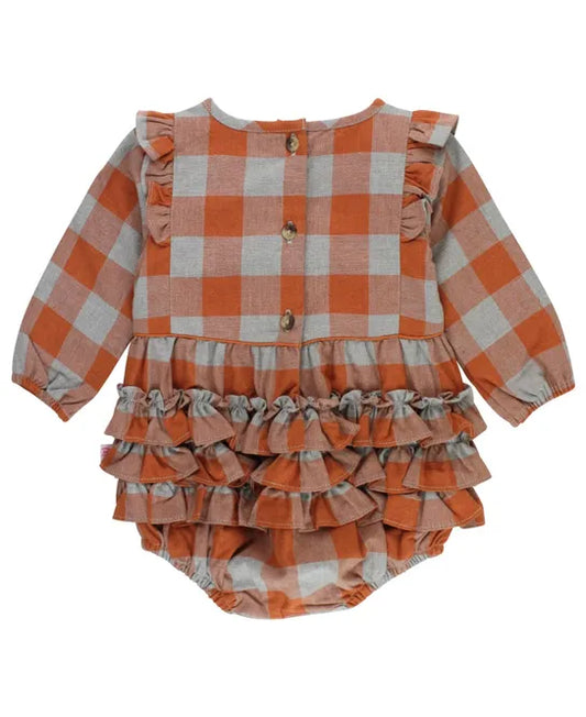 Hadlee Plaid Long Sleeve Ruffle Trim Bubble Romper