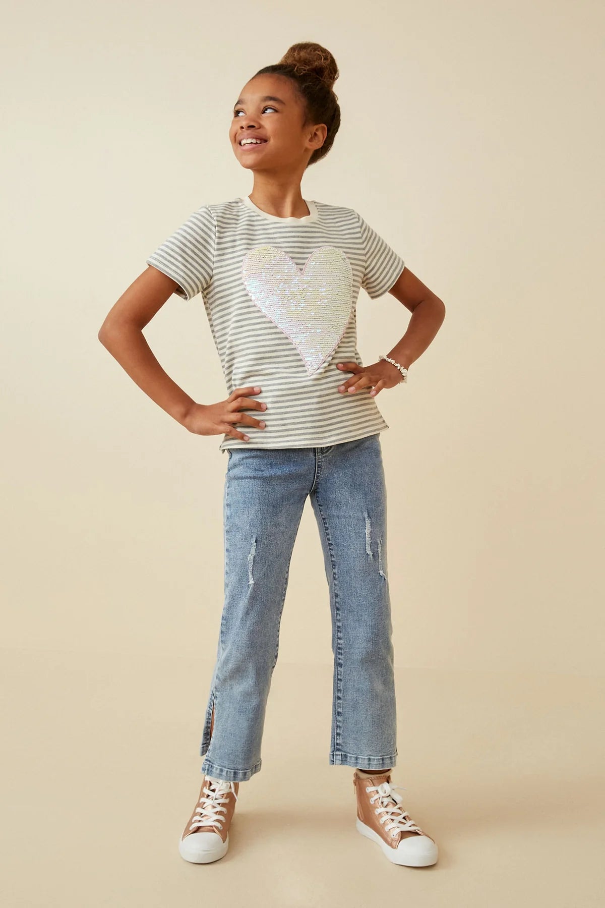 Sequin Heart Patch Striped Knit Top