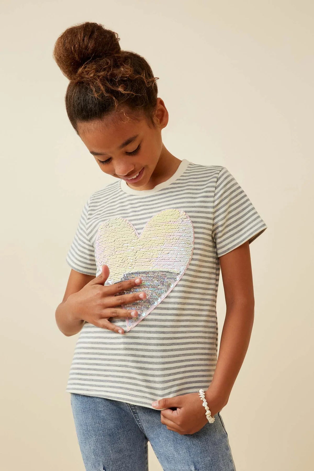 Sequin Heart Patch Striped Knit Top