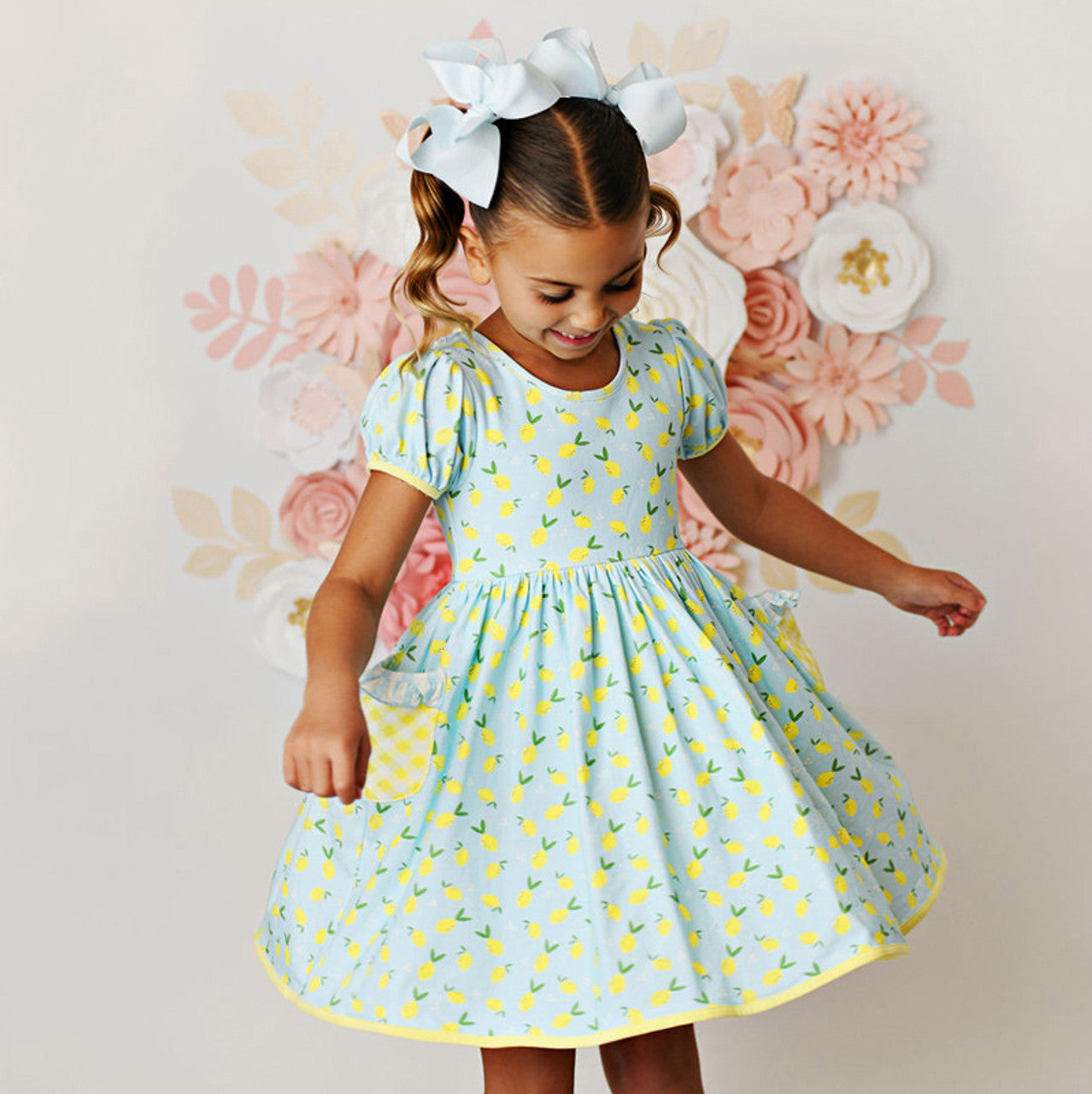 Lemon Peony Bow Pocket Dress