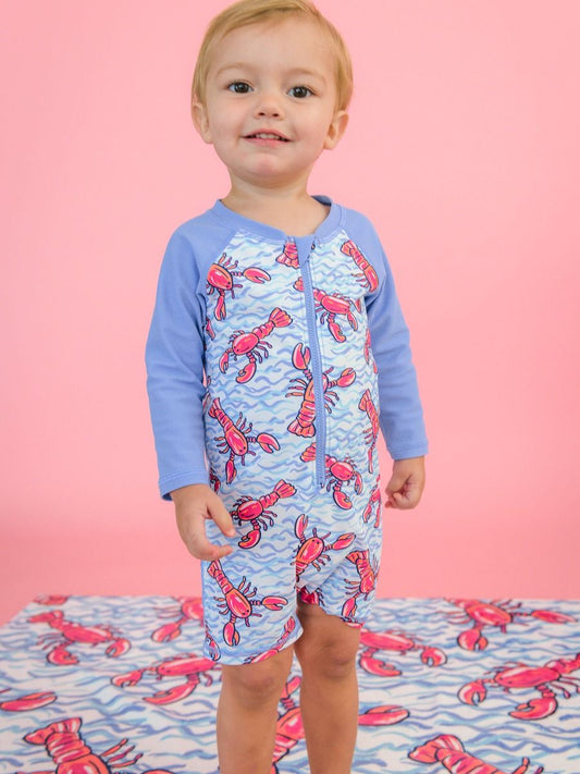 Blue Lobster Lagoon Boys Long Sleeve One Piece Rash Guard