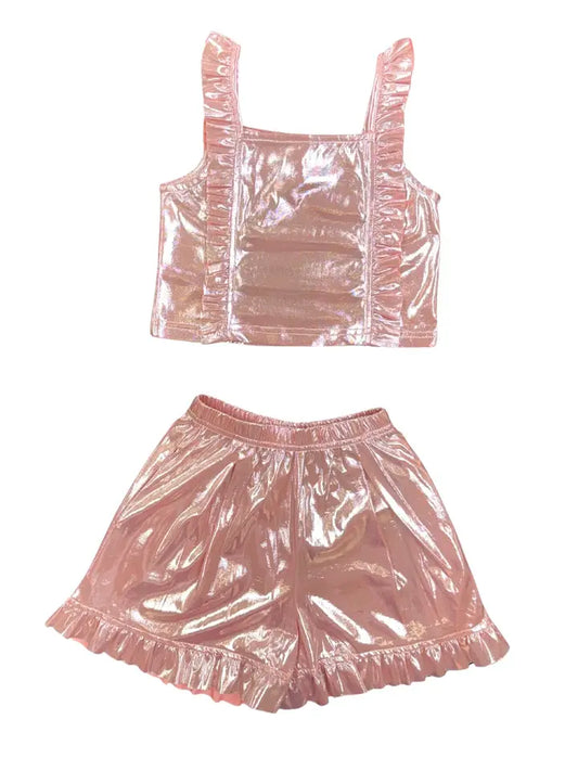 Shiny Metallic Ruffled Top and Short Set