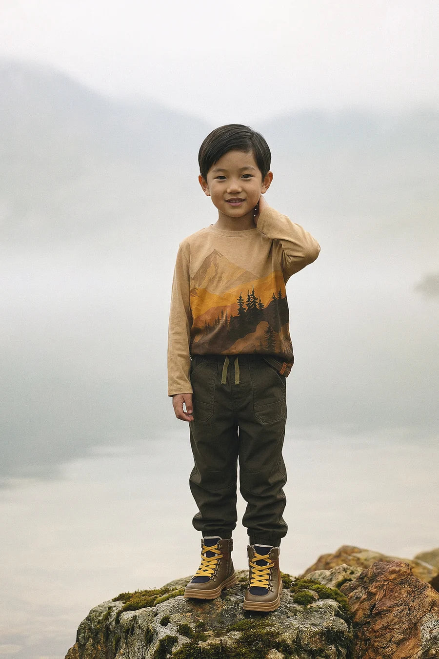 Deux Par Deux Long Sleeve Organic Cotton T-Shirt Beige Mountain Range