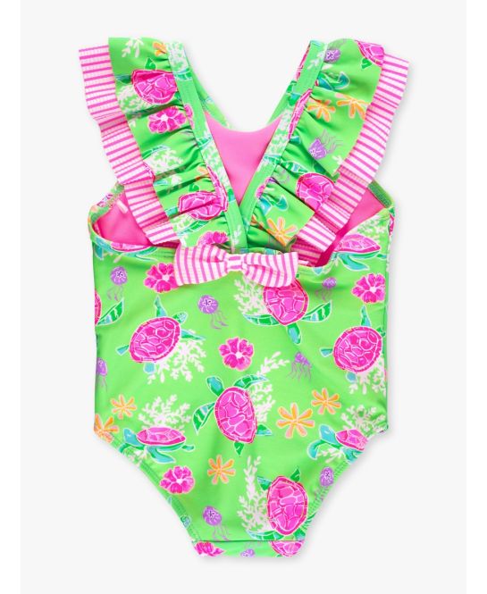 Neon Turtle Tide Bow V-Back One Piece Swimsuit