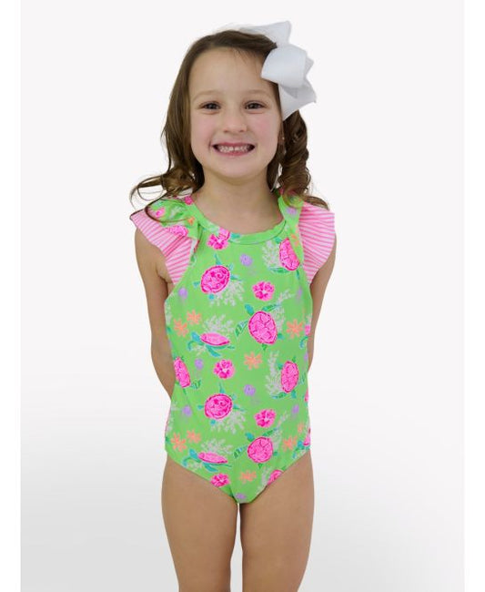 Neon Turtle Tide Bow V-Back One Piece Swimsuit