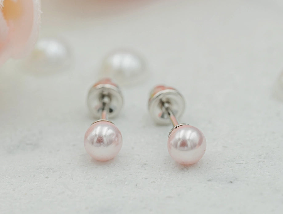 Sterling Silver Pink Pearl Screw Back Earrings For Kids Gift