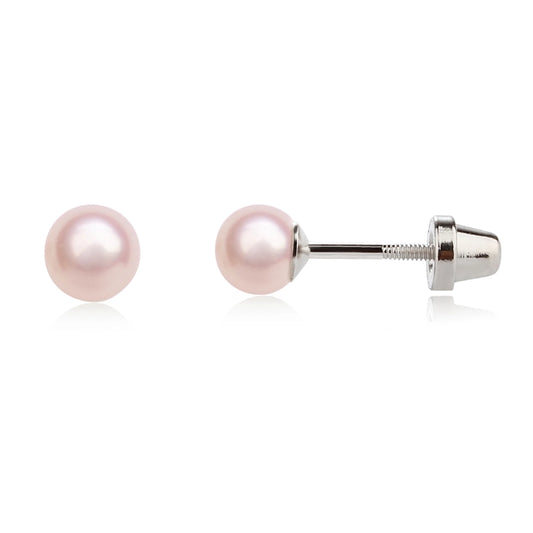 Sterling Silver Pink Pearl Screw Back Earrings For Kids Gift