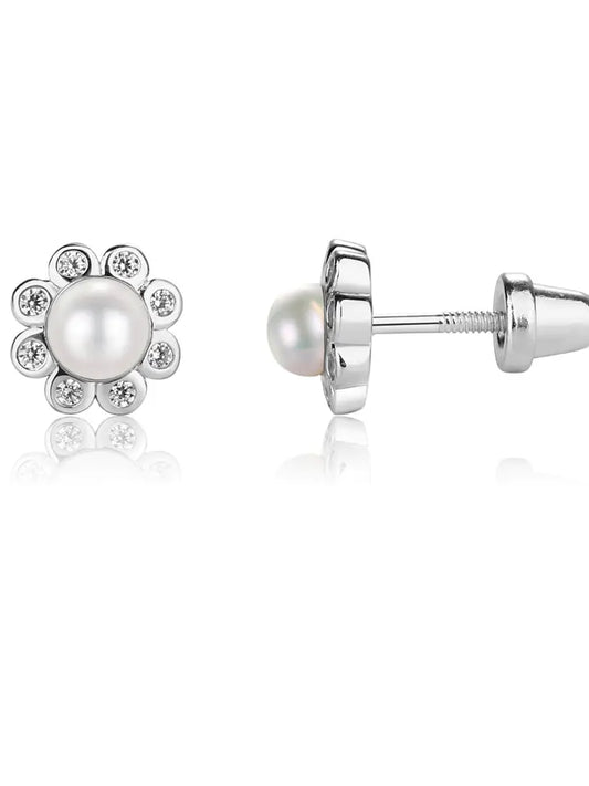 Sterling Silver Girls Screw-Back White Pearl Button Earrings