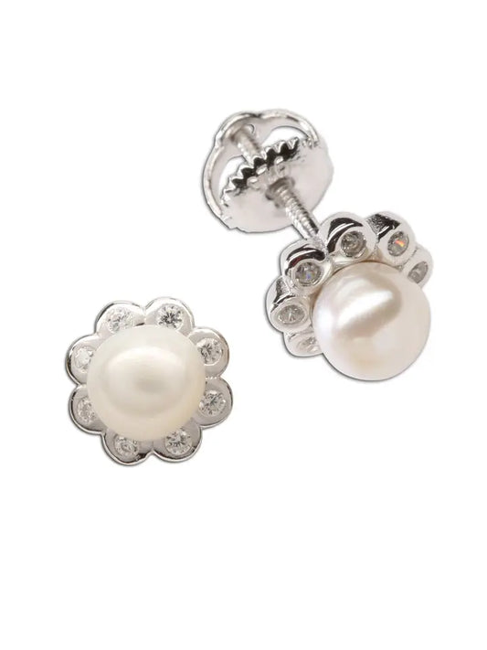 Sterling Silver Girls Screw-Back White Pearl Button Earrings