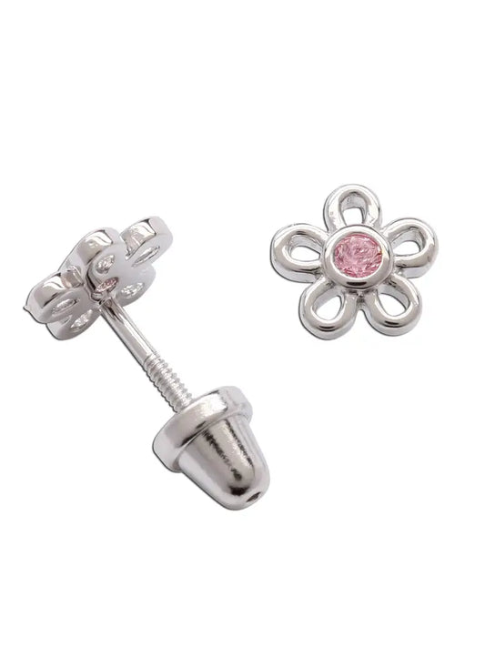 Sterling Silver Kids Screw-Back Outline Daisy Earrings-Pink