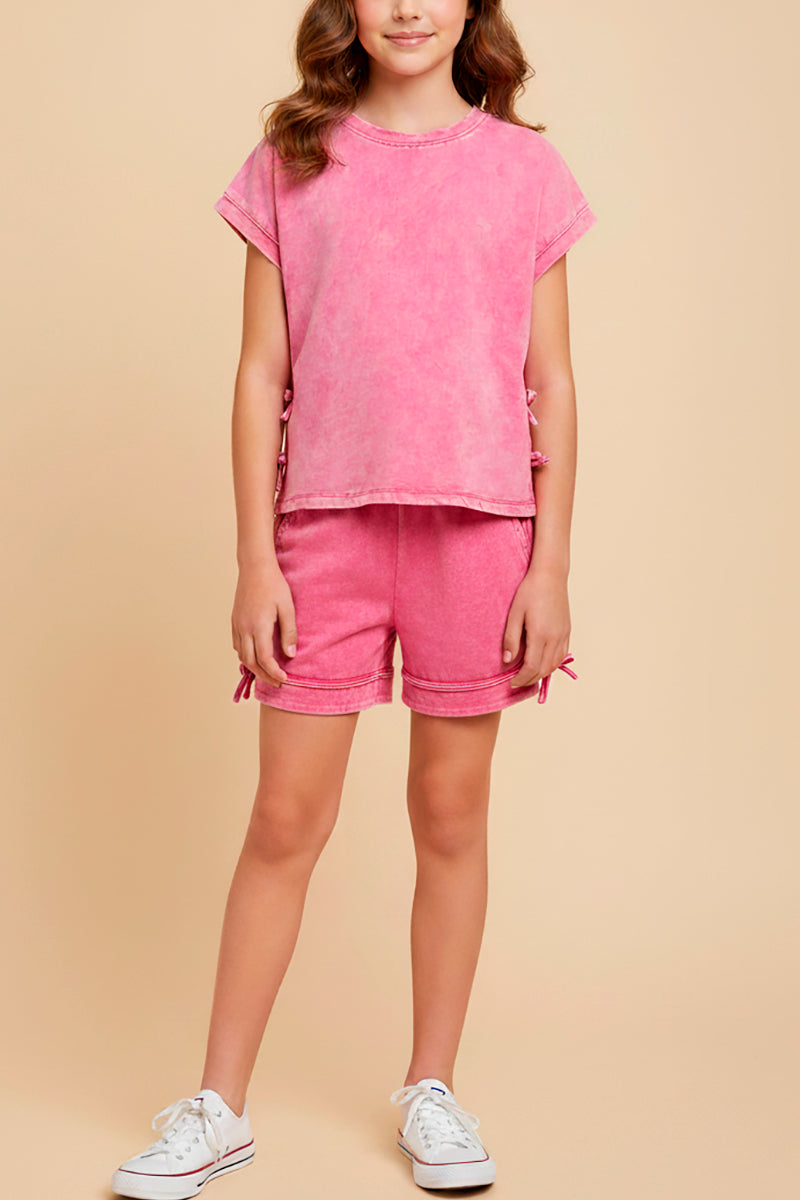 Washed Side Bow Detail Knit T Shirt