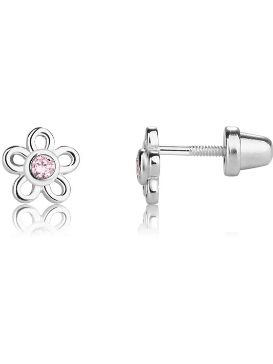 Sterling Silver Kids Screw-Back Outline Daisy Earrings-Pink