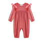 Poppy Rose Long Sleeve Solid Ribbed Bow Tie Bubble Romper