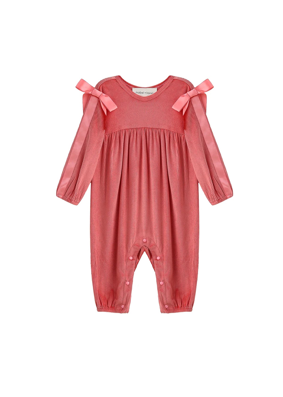 Poppy Rose Long Sleeve Solid Ribbed Bow Tie Bubble Romper