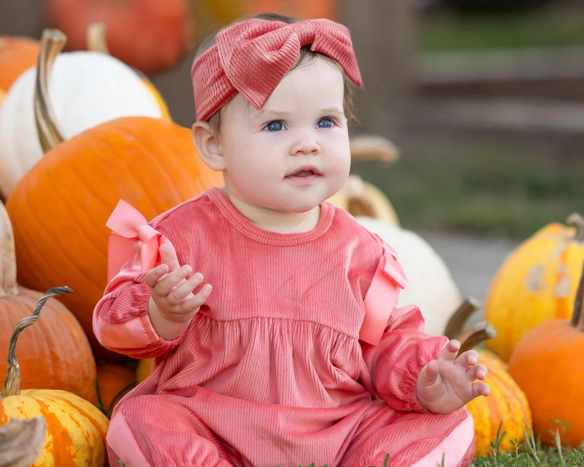 Poppy Rose Long Sleeve Solid Ribbed Bow Tie Bubble Romper