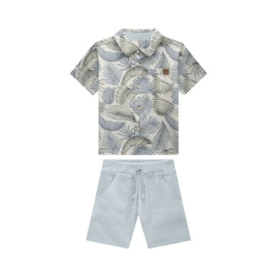 Leaf Print Button Up Shirt and Shorts Set