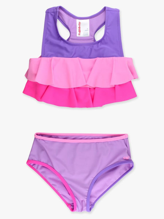 Neon Purple Color Block Flounce Bikini 2-Piece Swimsuit