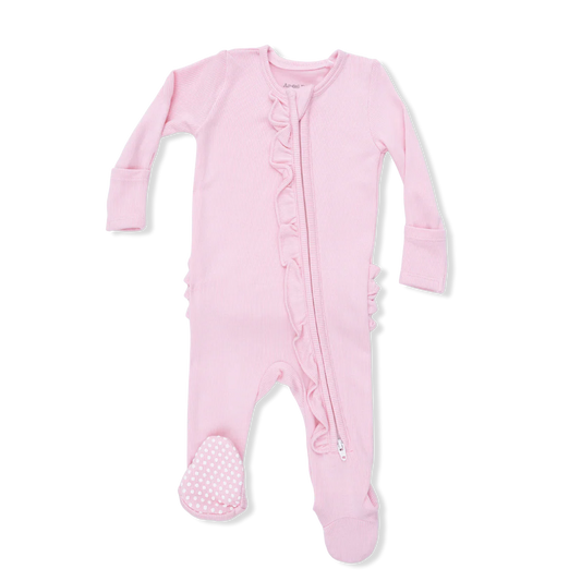 Solid Romance Rose Rib  2 Way Ruffle Front Zipper Footie