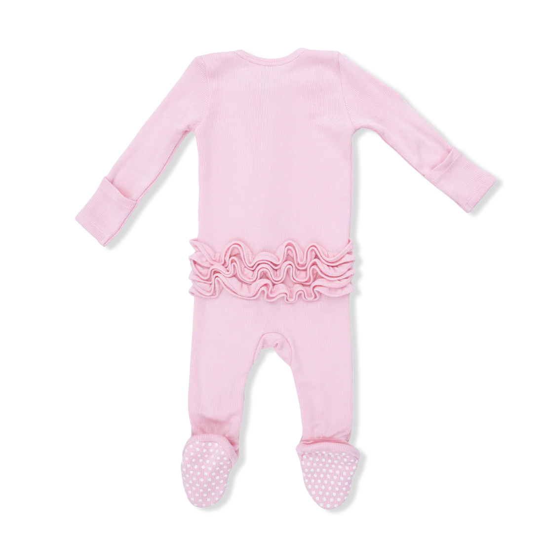 Solid Romance Rose Rib  2 Way Ruffle Front Zipper Footie