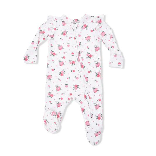 Pink Rosettes  2 Way Ruffle Sleeve Zipper Footie